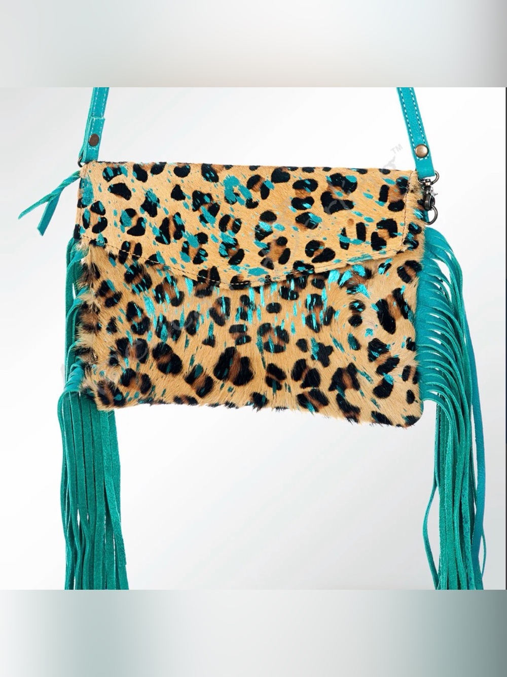 Leopard Print Crossbody with Teal Fringe